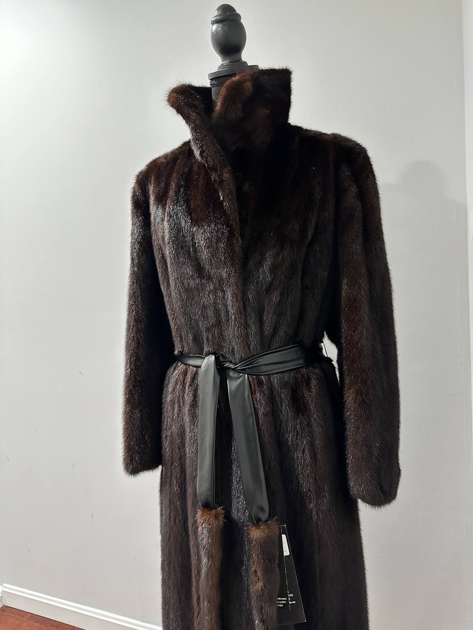 women real mink fur coat long with belt dark brown color size XL NEW!!! 1109798