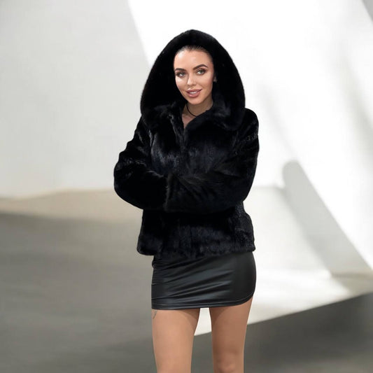 New Luxury Black Real Mink Jacket Cobra Hood Size Medium by FURSTAR M 1201127