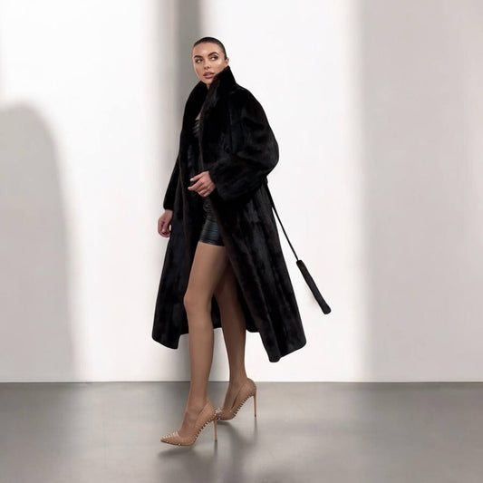 women real mink fur coat long with belt dark brown color size XL NEW!!! 1109798