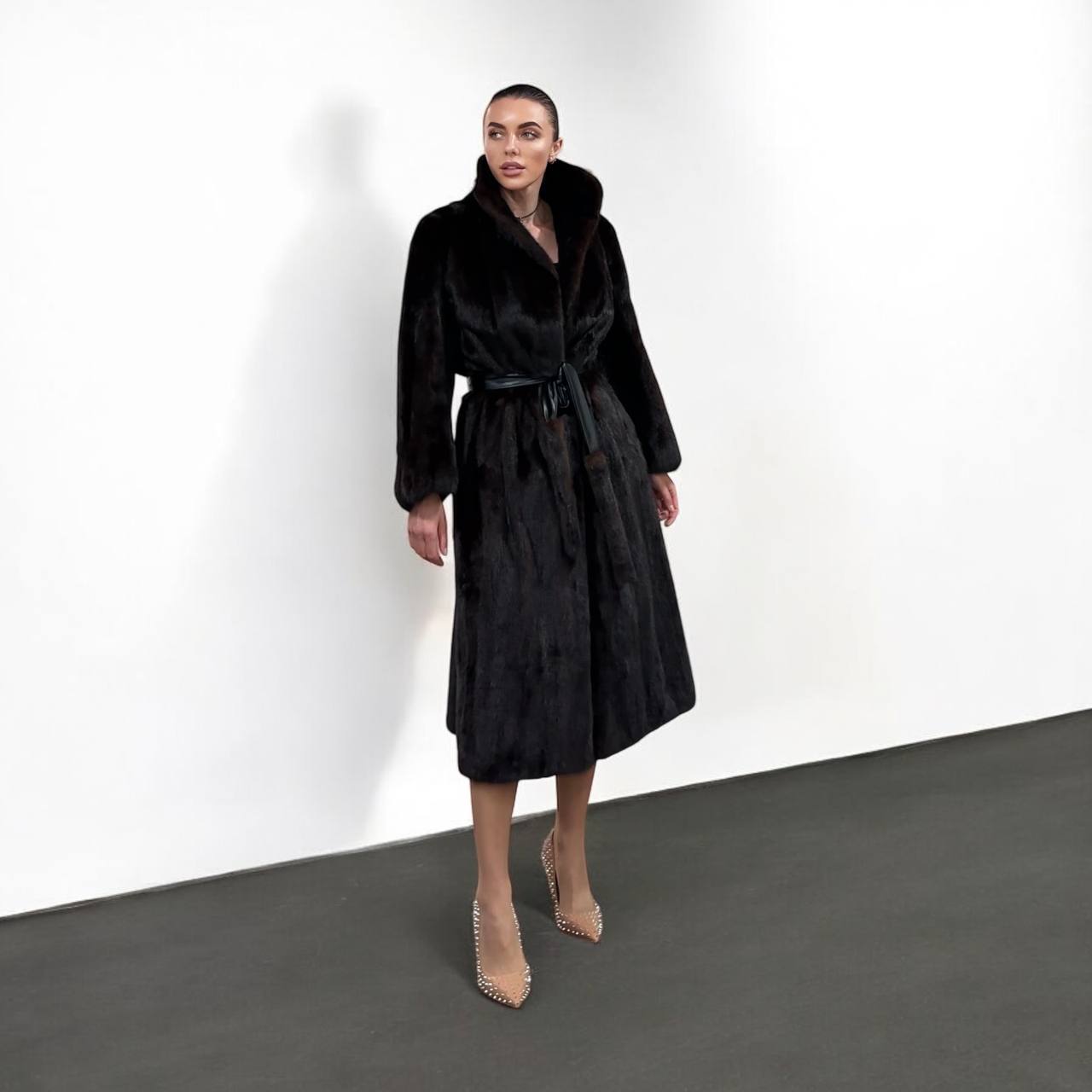 women real mink fur coat long with belt dark brown color size XL NEW!!! 1109798