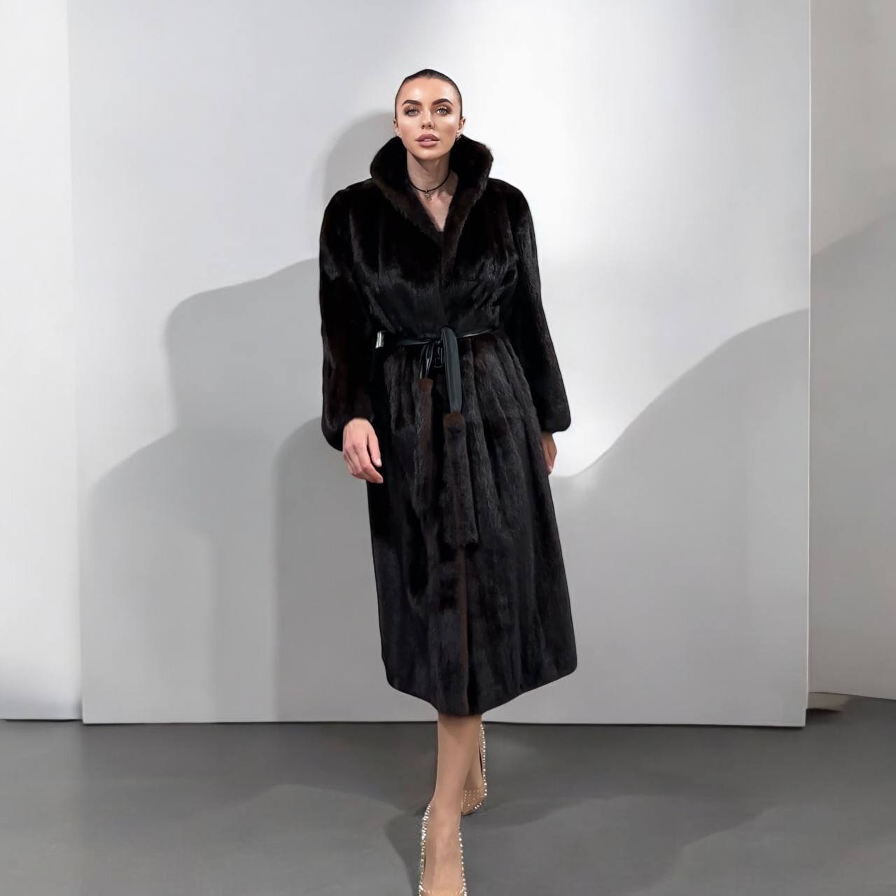 women real mink fur coat long with belt dark brown color size XL NEW!!! 1109798