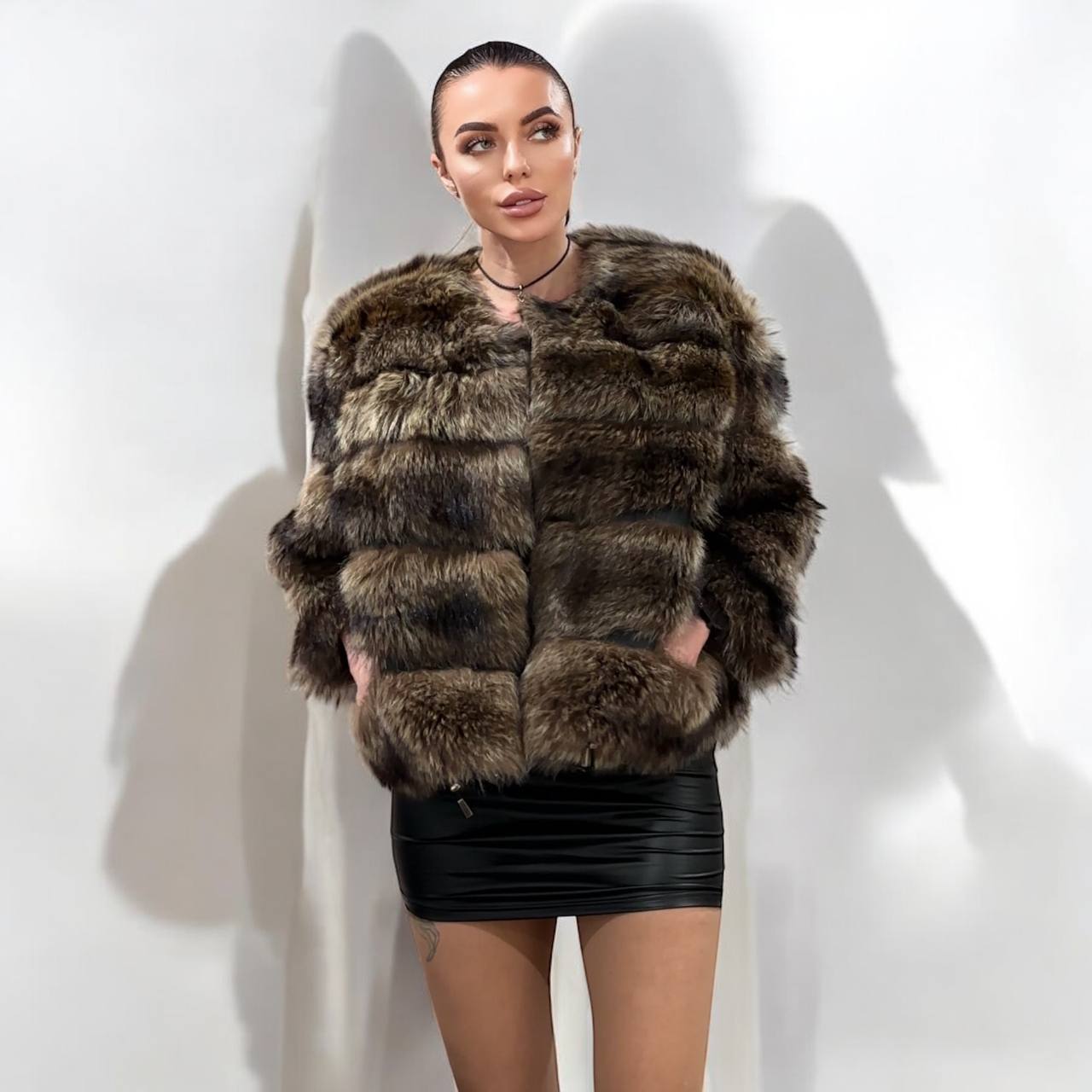 New REAL raccoon FUR SHORT BOMBER Coat Size XL 1109835 HORIZONTAL STYLE