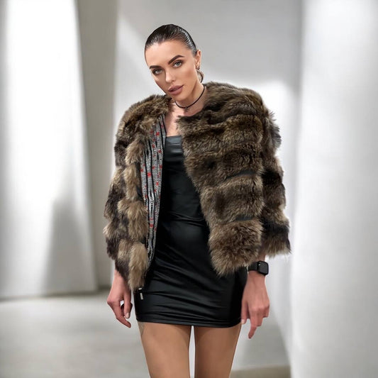 New REAL raccoon FUR SHORT BOMBER Coat Size XL 1109835 HORIZONTAL STYLE
