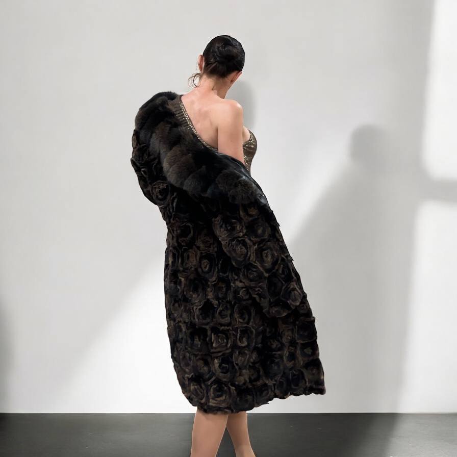 Karakul Fur Coat Natural dyed arctic FOX Collar size M 1201132 New Exclusive Design