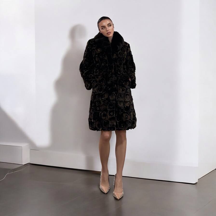 Karakul Fur Coat Natural dyed arctic FOX Collar size M 1201132 New Exclusive Design