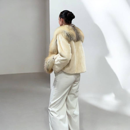Luxury Womens Real 100% Mink FUR CREAM FOX genuine coat 1201110 size S NEW JACKET