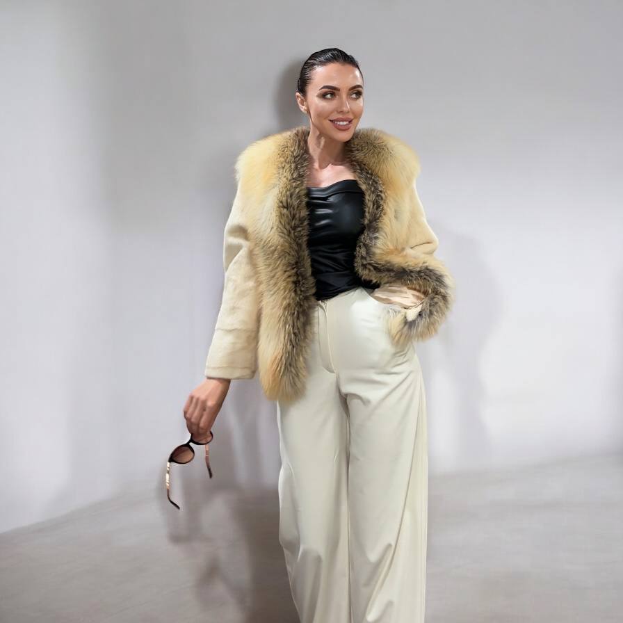 Luxury Womens Real 100% Mink FUR CREAM FOX genuine coat 1201110 size S NEW JACKET