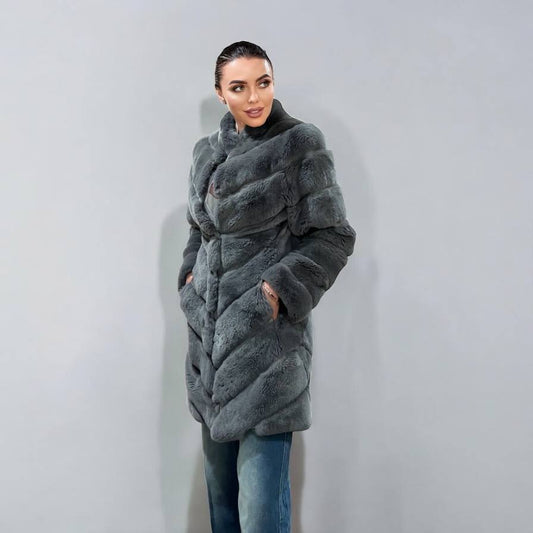 Luxury Womens Real natural Rex Rabbit Fur Coat size S women 1201135 Elegant Soft Gre