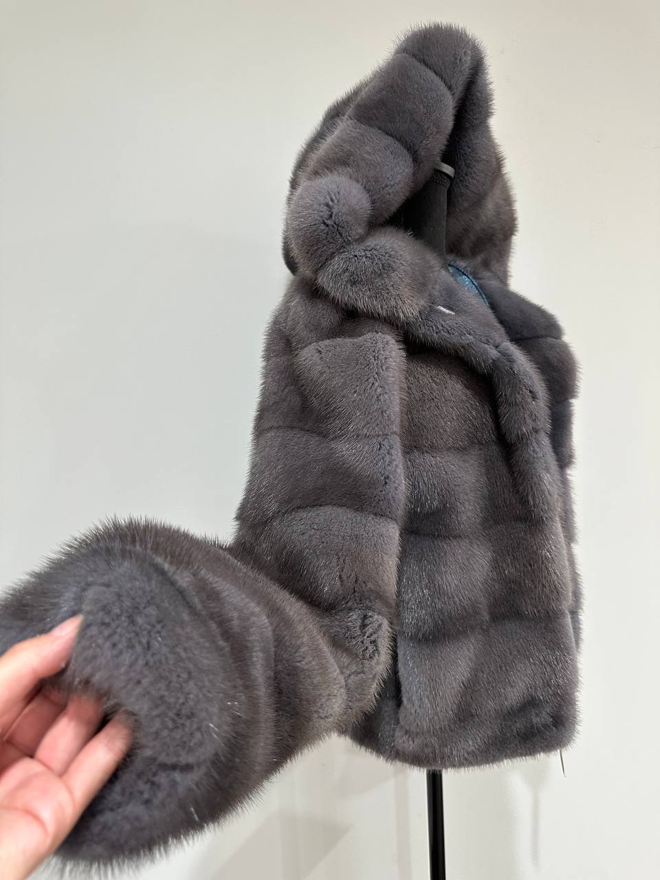New HOODED MINK 100% FUR BOMBER coat JACKET size XS DARK GREY FULL SKIN 1201107