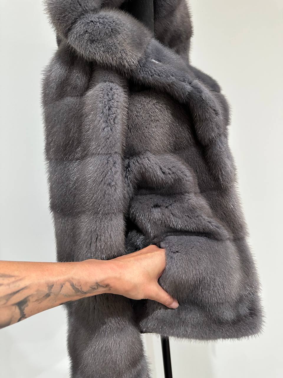 New HOODED MINK 100% FUR BOMBER coat JACKET size XS DARK GREY FULL SKIN 1201107
