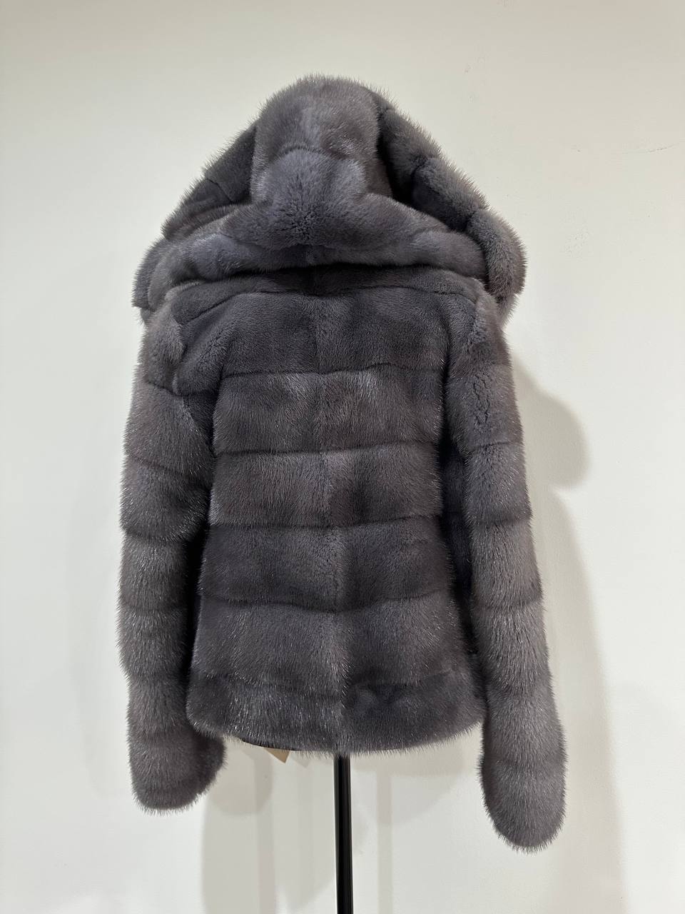 New HOODED MINK 100% FUR BOMBER coat JACKET size XS DARK GREY FULL SKIN 1201107