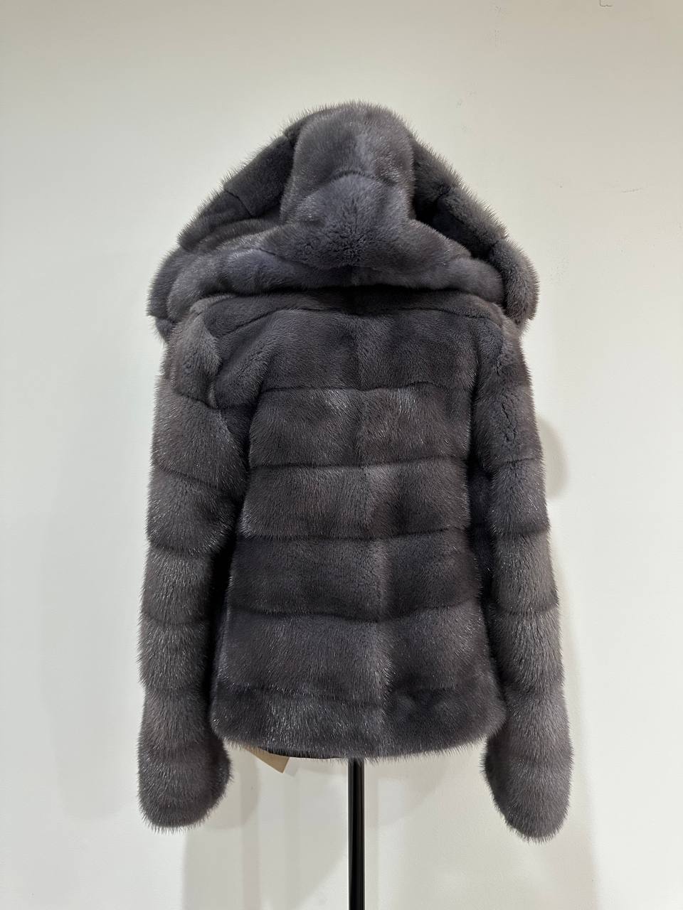 New HOODED MINK 100% FUR BOMBER coat JACKET size XS DARK GREY FULL SKIN 1201107