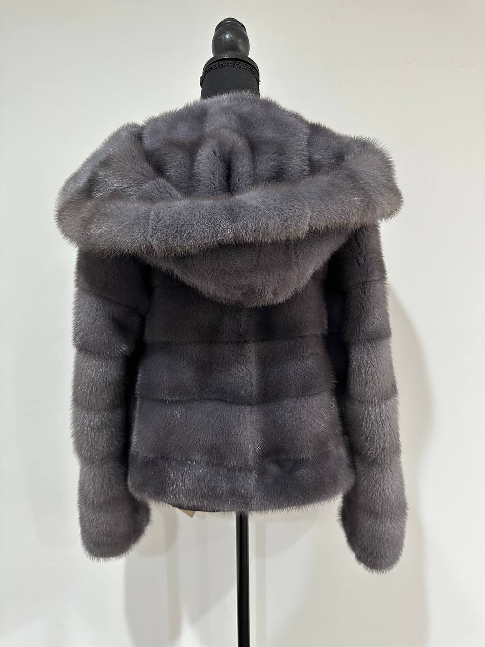 New HOODED MINK 100% FUR BOMBER coat JACKET size XS DARK GREY FULL SKIN 1201107
