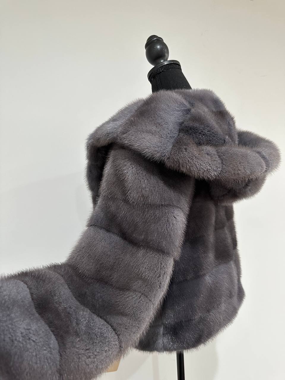 New HOODED MINK 100% FUR BOMBER coat JACKET size XS DARK GREY FULL SKIN 1201107