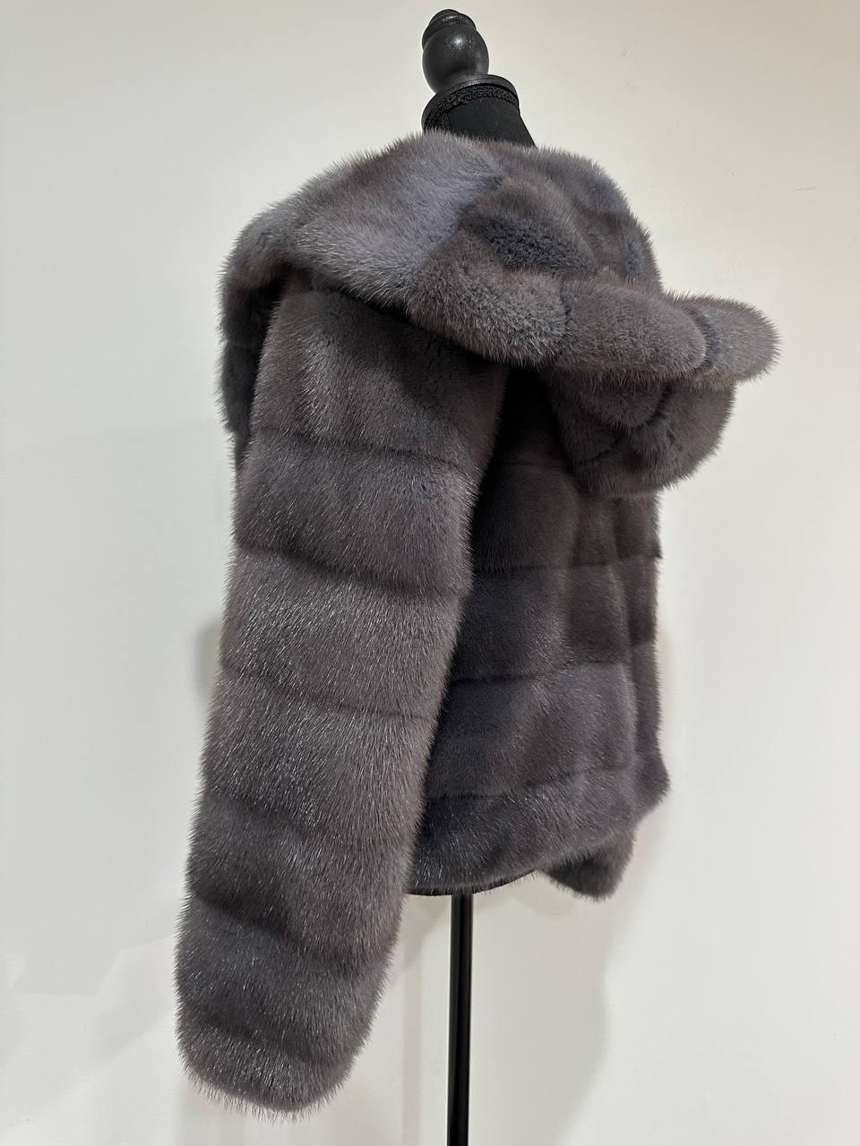 New HOODED MINK 100% FUR BOMBER coat JACKET size XS DARK GREY FULL SKIN 1201107