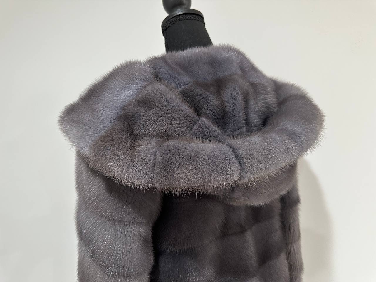 New HOODED MINK 100% FUR BOMBER coat JACKET size XS DARK GREY FULL SKIN 1201107