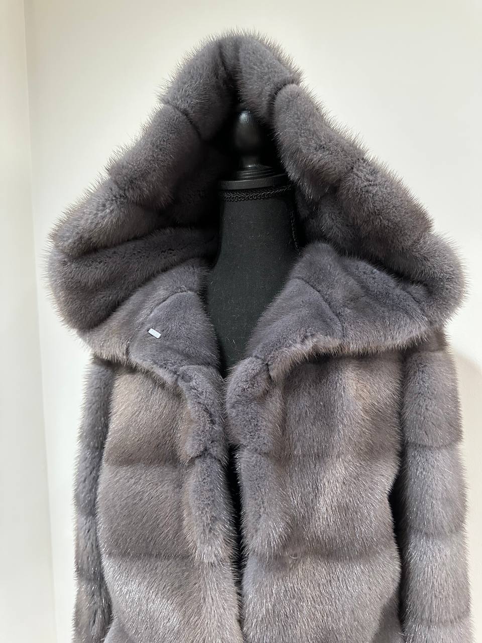 New HOODED MINK 100% FUR BOMBER coat JACKET size XS DARK GREY FULL SKIN 1201107