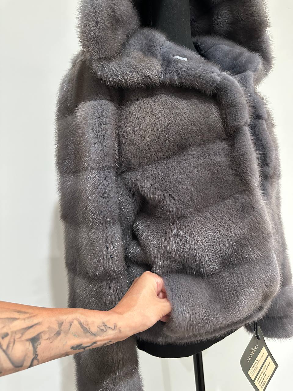 New HOODED MINK 100% FUR BOMBER coat JACKET size XS DARK GREY FULL SKIN 1201107