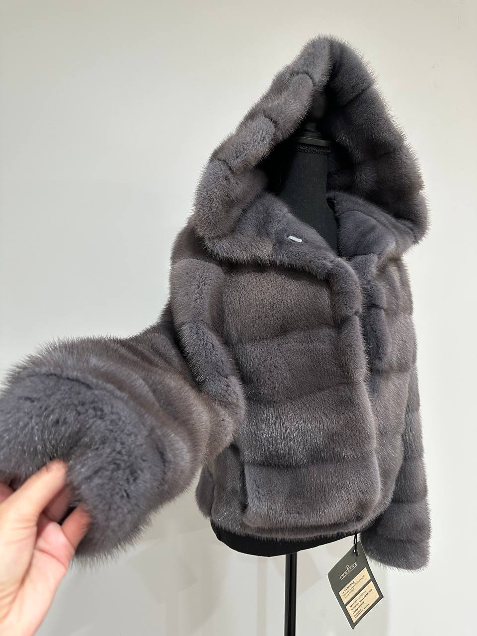 New HOODED MINK 100% FUR BOMBER coat JACKET size XS DARK GREY FULL SKIN 1201107