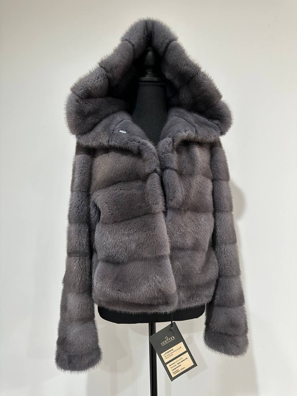 New HOODED MINK 100% FUR BOMBER coat JACKET size XS DARK GREY FULL SKIN 1201107