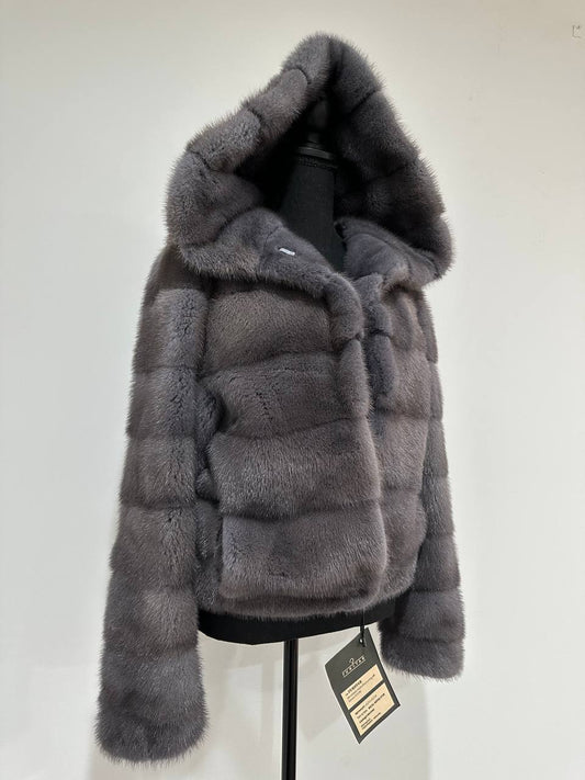 New HOODED MINK 100% FUR BOMBER coat JACKET size XS DARK GREY FULL SKIN 1201107