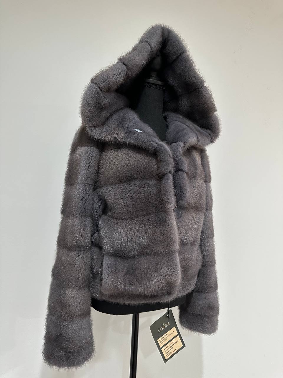 New HOODED MINK 100% FUR BOMBER coat JACKET size XS DARK GREY FULL SKIN 1201107