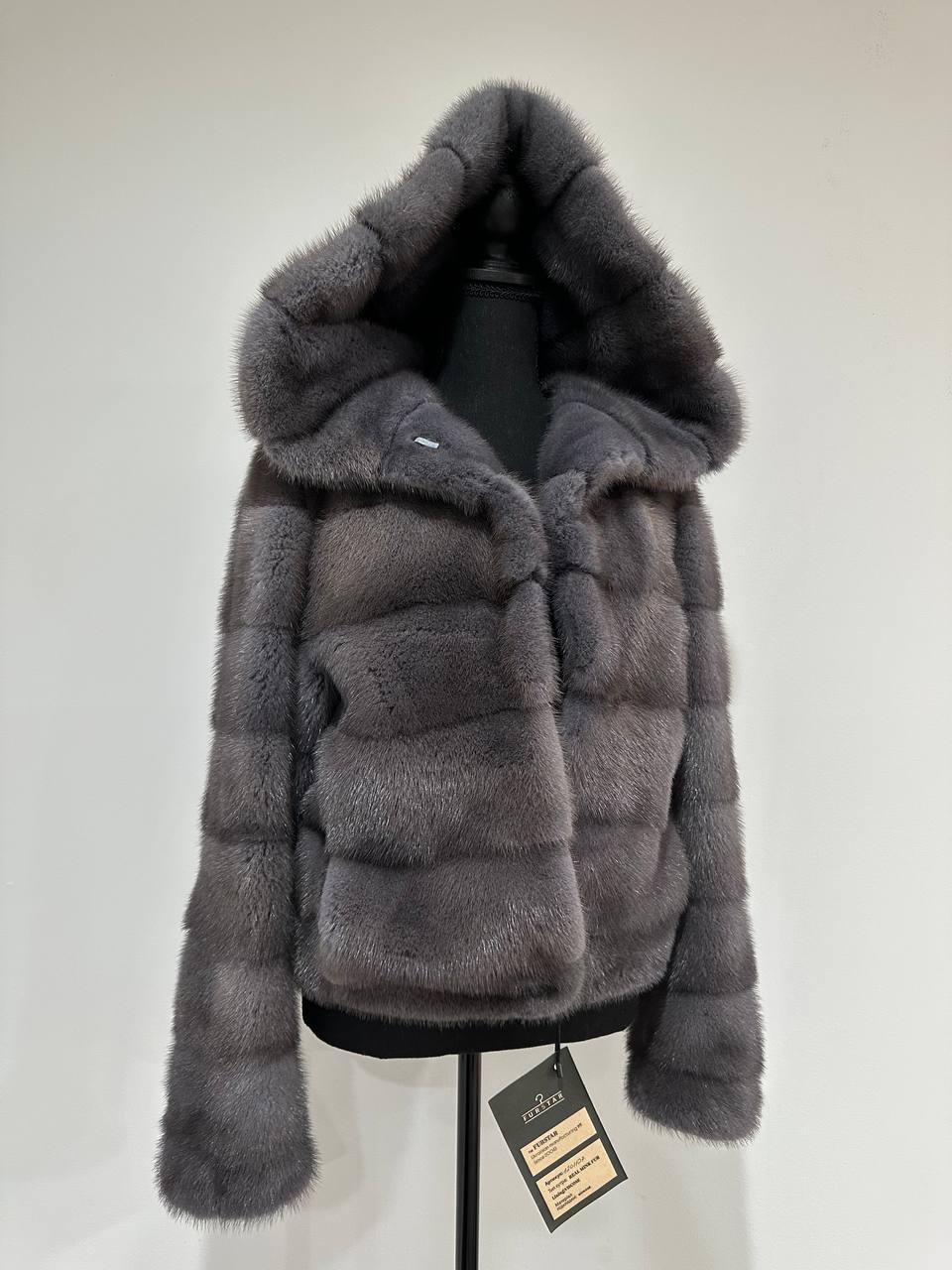 New HOODED MINK 100% FUR BOMBER coat JACKET size XS DARK GREY FULL SKIN 1201107