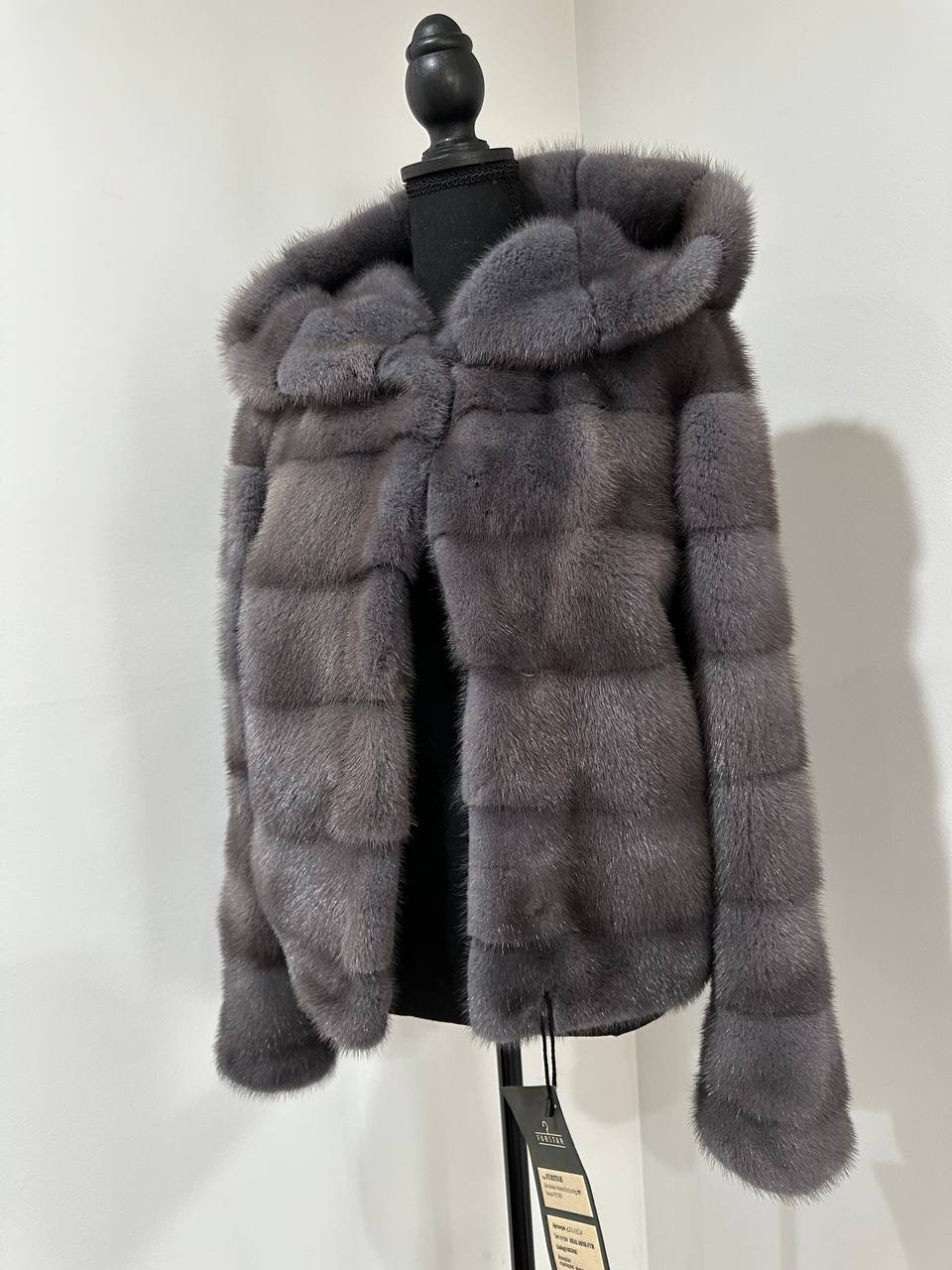 New HOODED MINK 100% FUR BOMBER coat JACKET size XS DARK GREY FULL SKIN 1201107