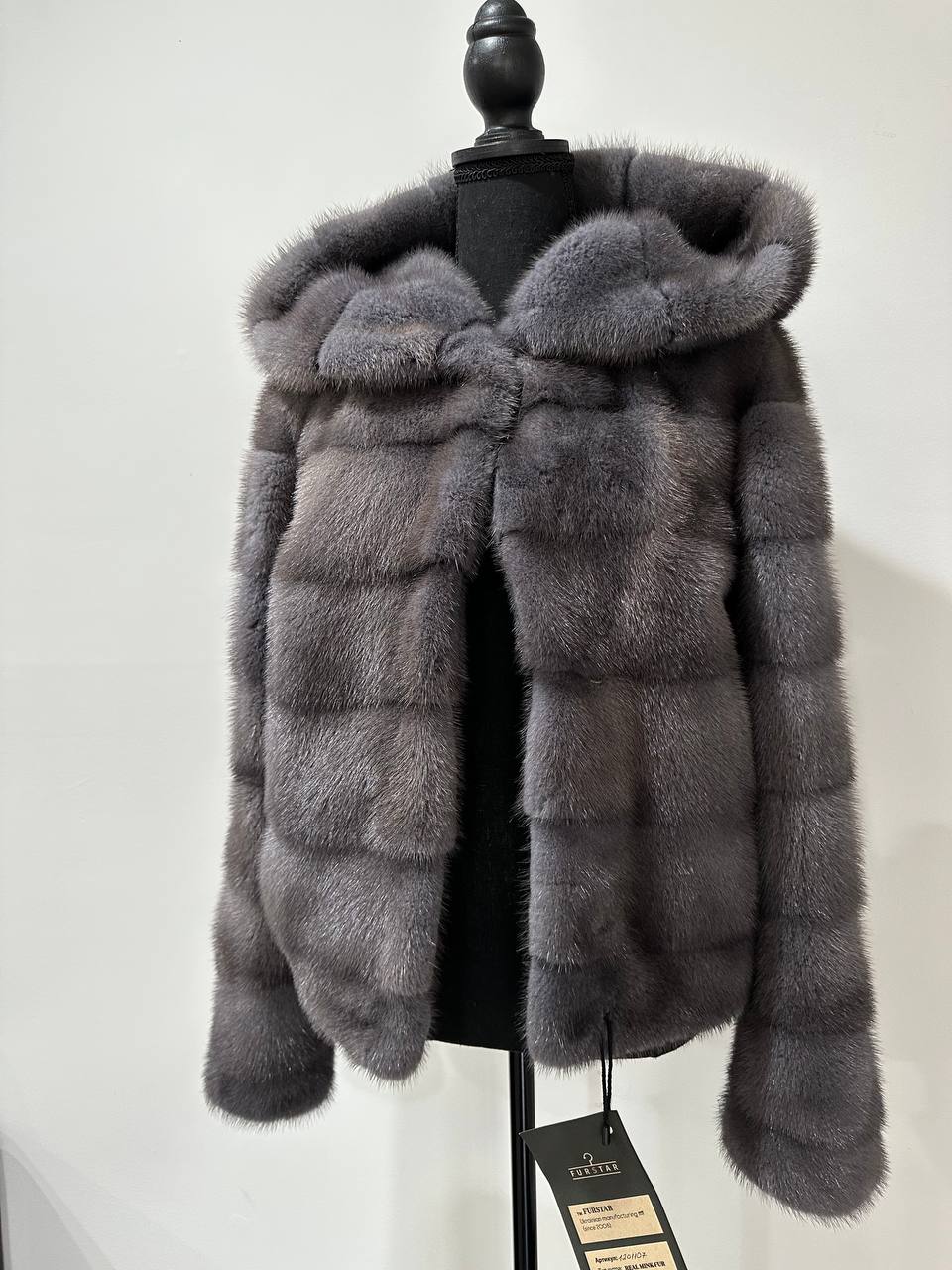 New HOODED MINK 100% FUR BOMBER coat JACKET size XS DARK GREY FULL SKIN 1201107