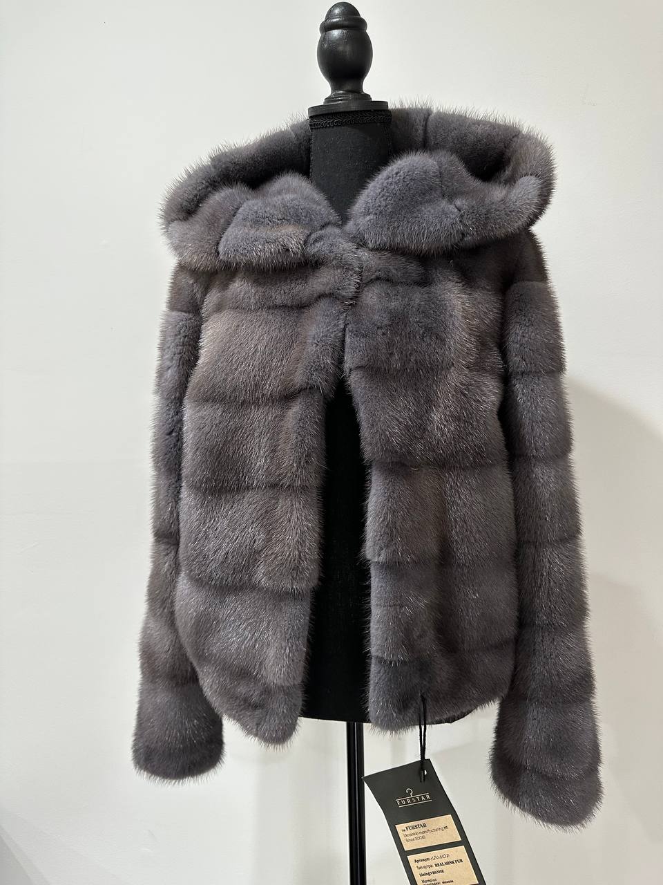 New HOODED MINK 100% FUR BOMBER coat JACKET size XS DARK GREY FULL SKIN 1201107