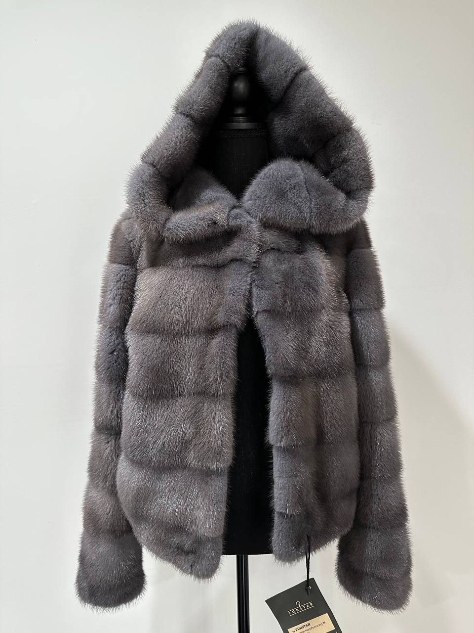 New HOODED MINK 100% FUR BOMBER coat JACKET size XS DARK GREY FULL SKIN 1201107