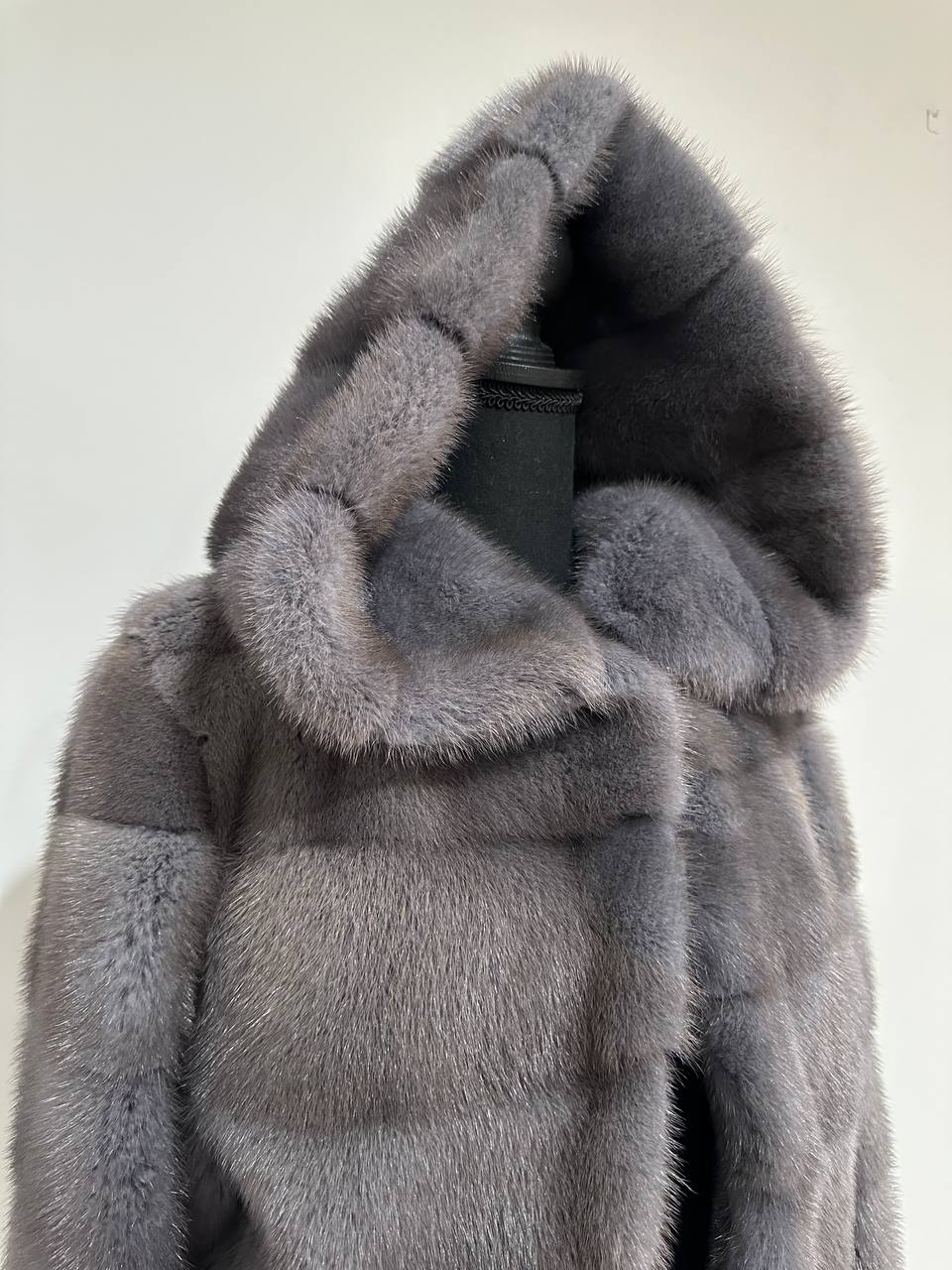 New HOODED MINK 100% FUR BOMBER coat JACKET size XS DARK GREY FULL SKIN 1201107