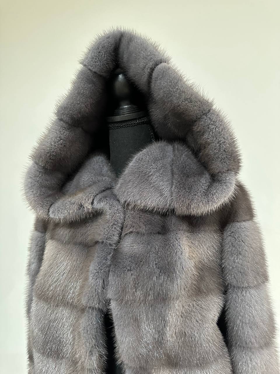 New HOODED MINK 100% FUR BOMBER coat JACKET size XS DARK GREY FULL SKIN 1201107