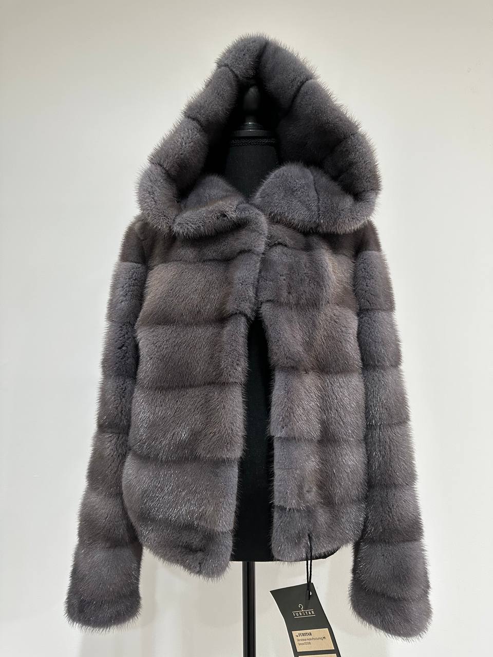 New HOODED MINK 100% FUR BOMBER coat JACKET size XS DARK GREY FULL SKIN 1201107
