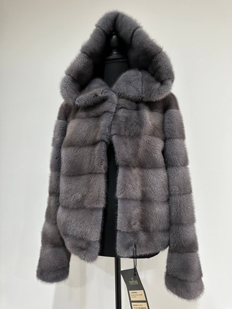 New HOODED MINK 100% FUR BOMBER coat JACKET size XS DARK GREY FULL SKIN 1201107