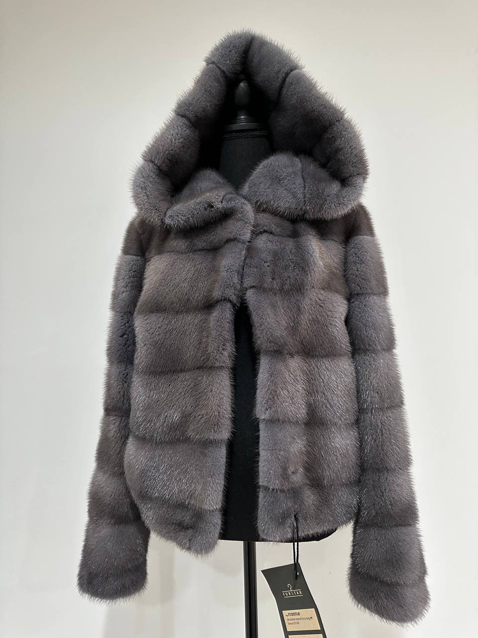 New HOODED MINK 100% FUR BOMBER coat JACKET size XS DARK GREY FULL SKIN 1201107