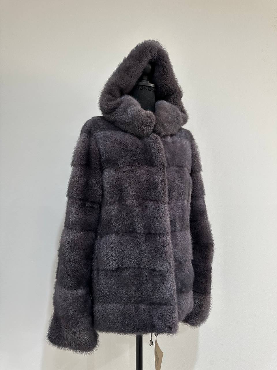 New HOODED MINK 100% FUR BOMBER coat JACKET size S DARK VIOLET FULL SKIN 1201124