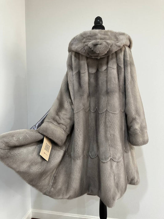 New Real Luxury Natural Mink Fur Coat with Hood Bell Silhouette Moon size M 1201131