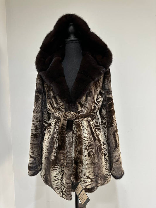 New women Real Natural Luxurious Sheared Mink Fur Coat with Hood 1201087 size M belt