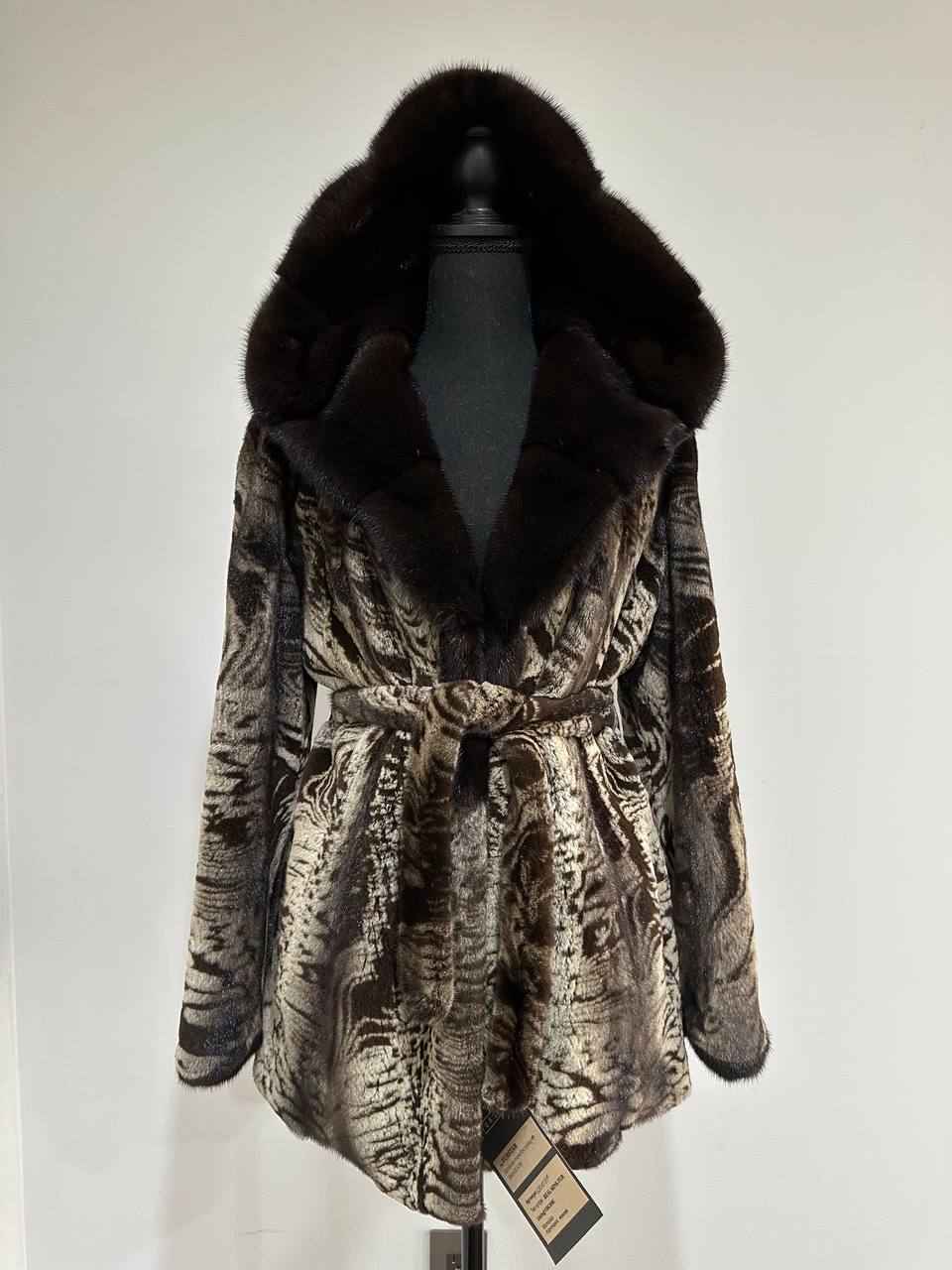 New women Real Natural Luxurious Sheared Mink Fur Coat with Hood 1201087 size M belt