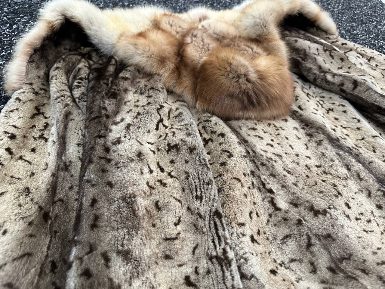 NEW Sheared Mink Jacket – Lynx Print – Red Fox Hooded– FURSTAR 1201138 S size