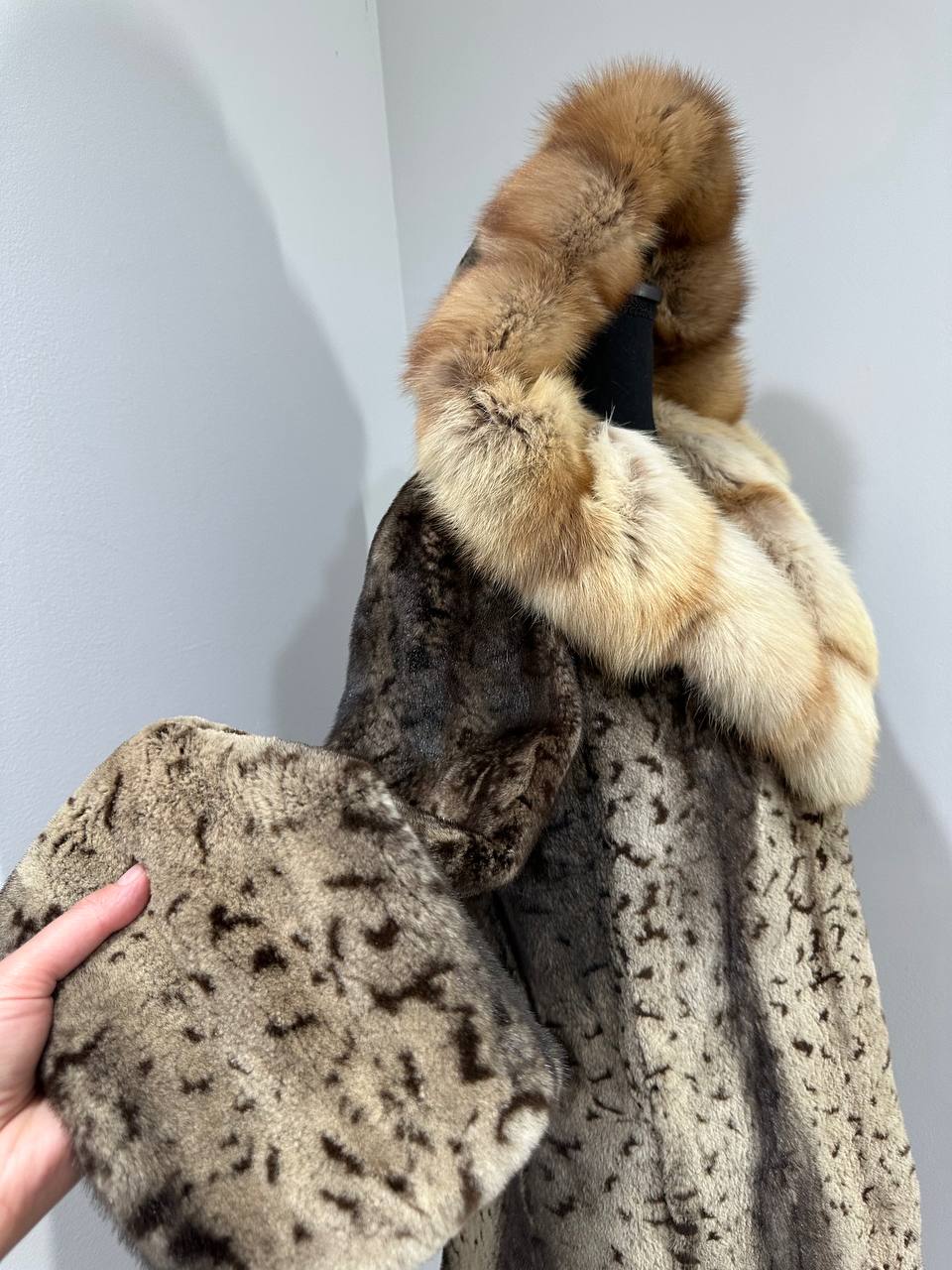 NEW Sheared Mink Jacket – Lynx Print – Red Fox Hooded– FURSTAR 1201138 S size