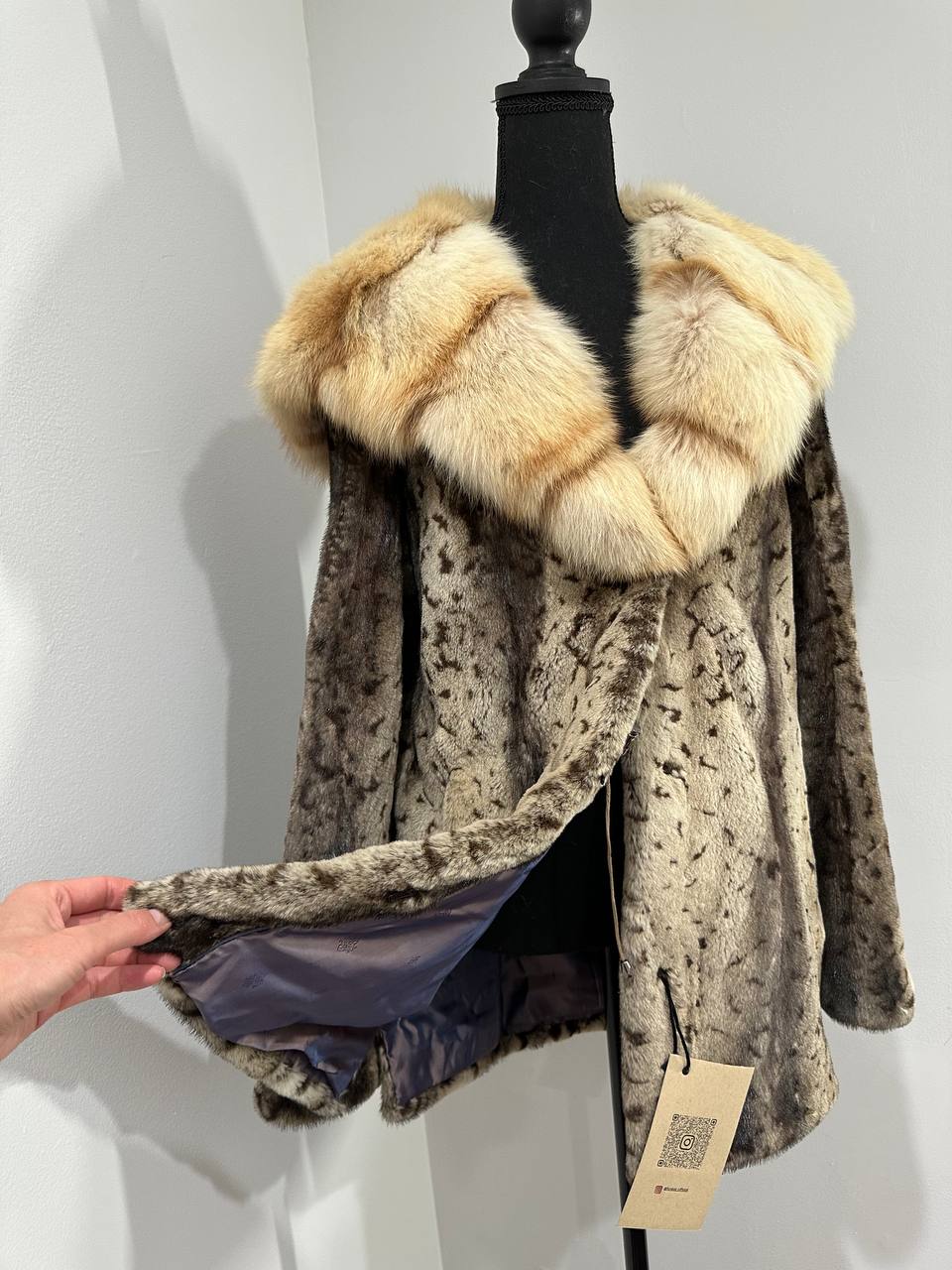 NEW Sheared Mink Jacket – Lynx Print – Red Fox Hooded– FURSTAR 1201138 S size