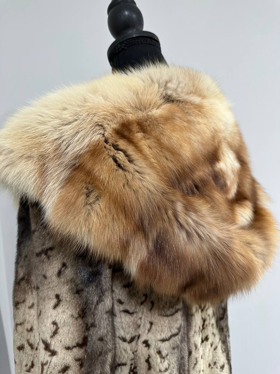 NEW Sheared Mink Jacket – Lynx Print – Red Fox Hooded– FURSTAR 1201138 S size