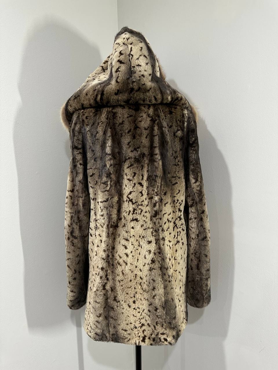 NEW Sheared Mink Jacket – Lynx Print – Red Fox Hooded– FURSTAR 1201138 S size