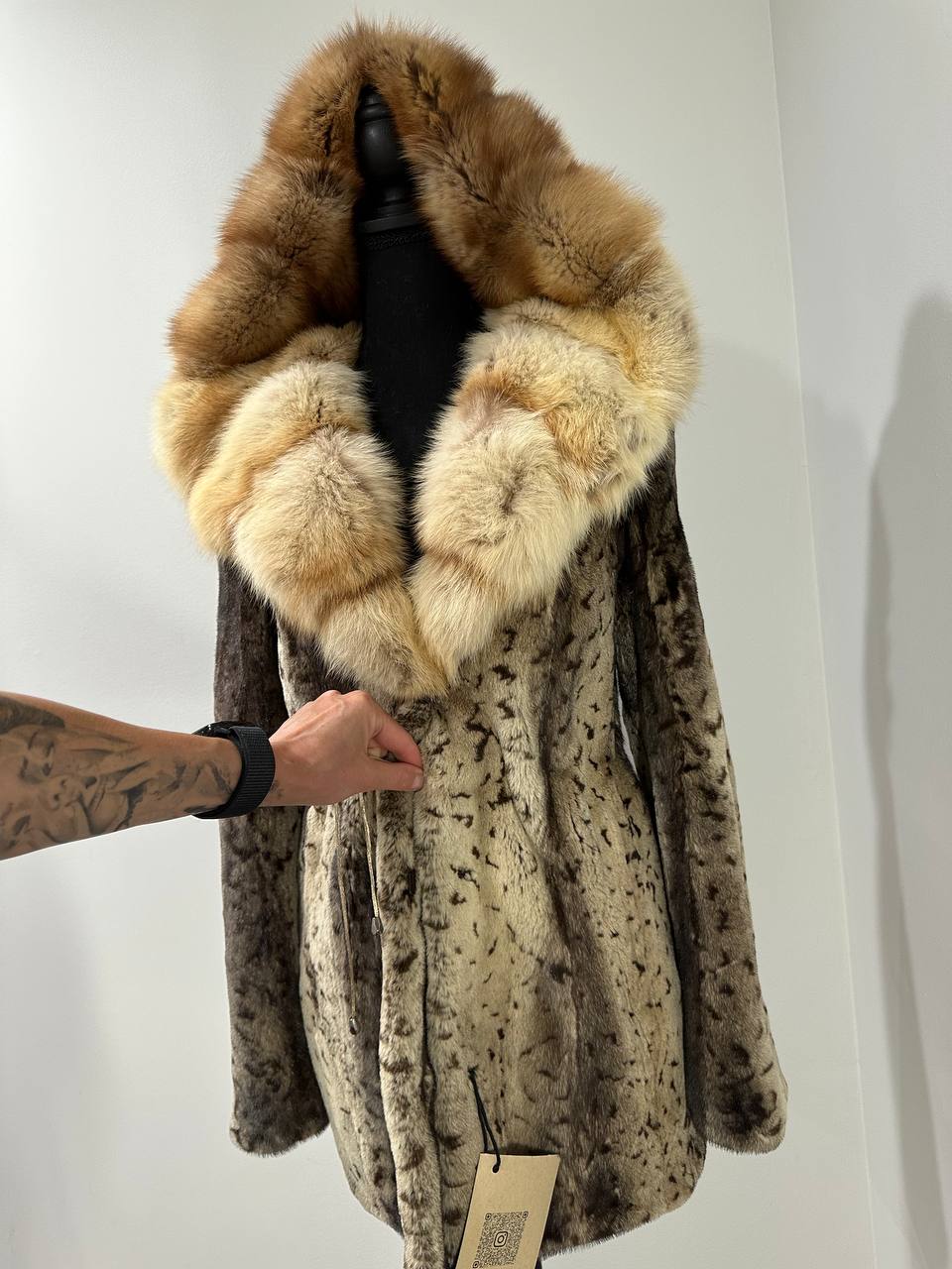 NEW Sheared Mink Jacket – Lynx Print – Red Fox Hooded– FURSTAR 1201138 S size