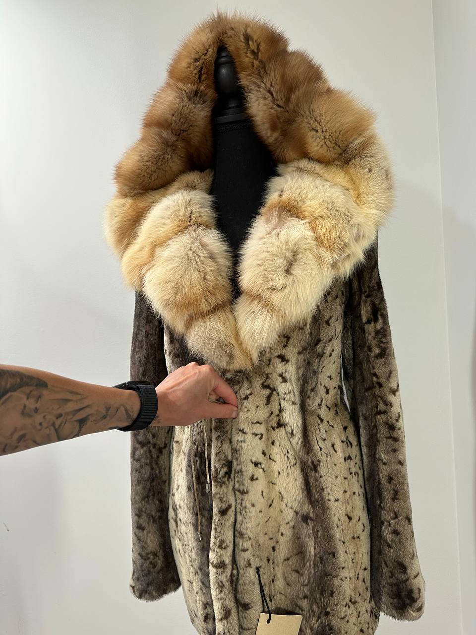 NEW Sheared Mink Jacket – Lynx Print – Red Fox Hooded– FURSTAR 1201138 S size