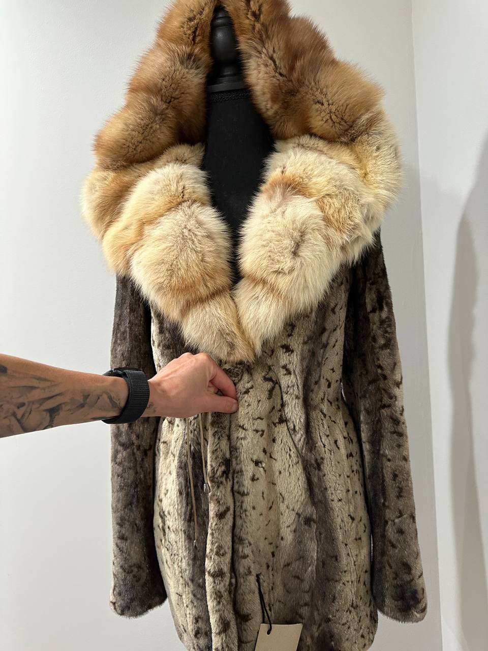 NEW Sheared Mink Jacket – Lynx Print – Red Fox Hooded– FURSTAR 1201138 S size