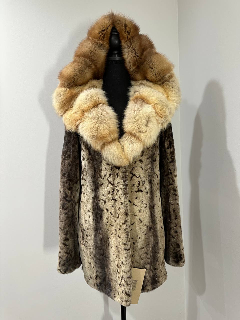 NEW Sheared Mink Jacket – Lynx Print – Red Fox Hooded– FURSTAR 1201138 S size