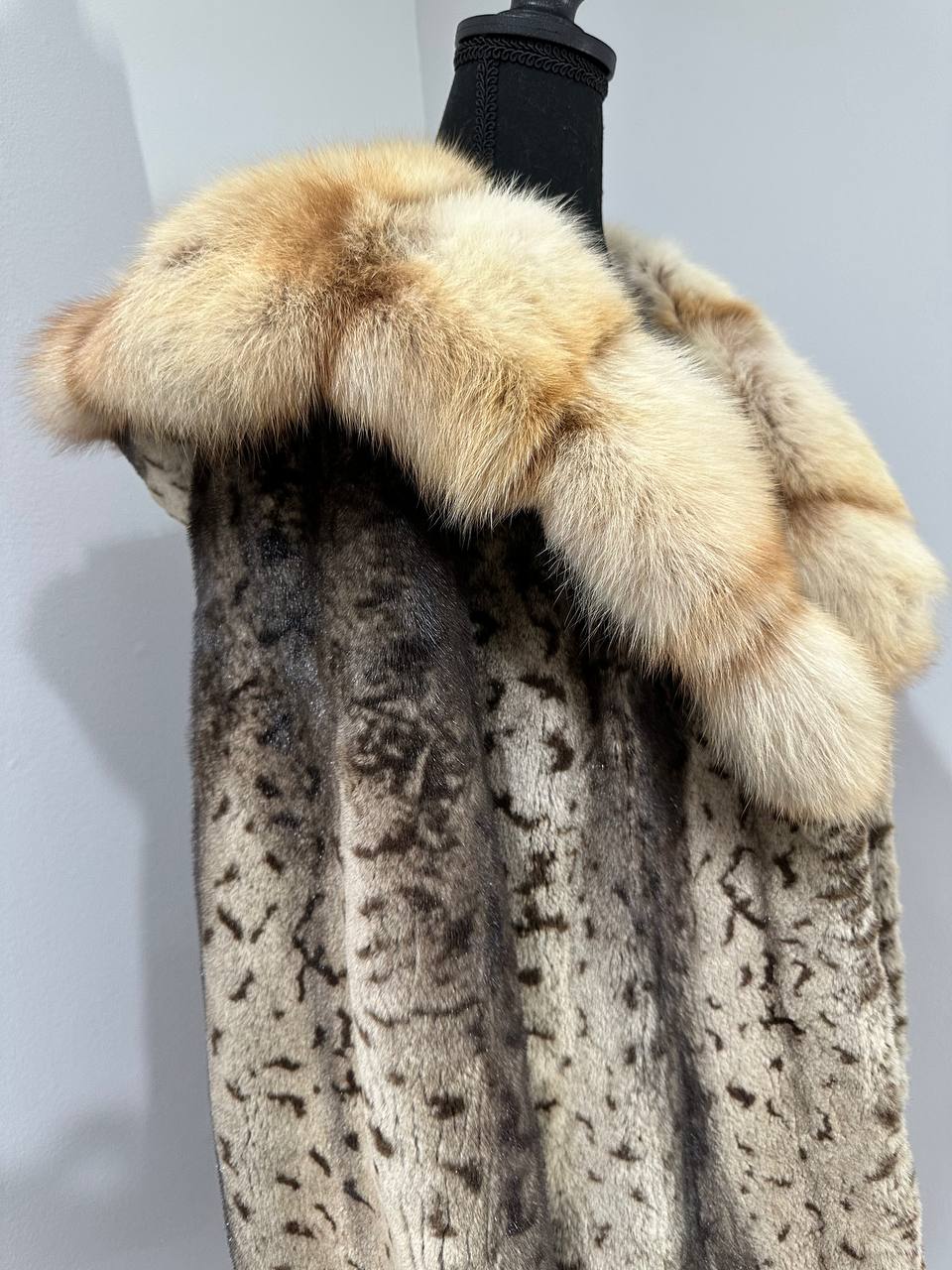 NEW Sheared Mink Jacket – Lynx Print – Red Fox Hooded– FURSTAR 1201138 S size